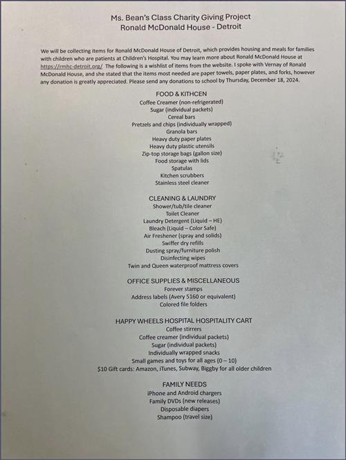Ronald McDonald House Donation List